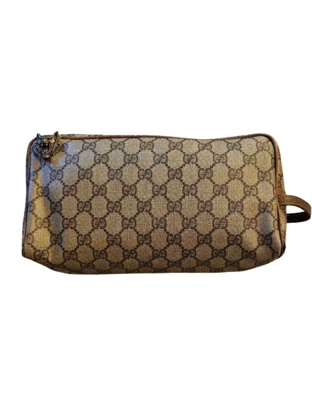 GUCCI GG SUPREME  WOLF Beige Canvas Toiletry travel Bag Wristlet  AUTHENTIC